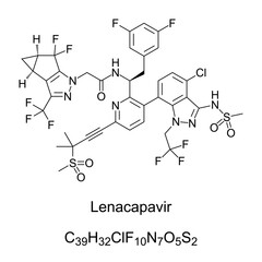 Lenacapavir, chemical formula and skeletal structure. Antiretroviral medication used to treat and prevent HIV and AIDS. HIV-1, Human immunodeficiency virus type 1, capsid inhibitor. Isolated. Vector
