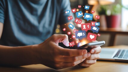 Person using a smartphone with social media notifications and likes hands mobile phone