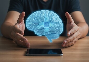 Human Brain with Circuitry Hologram Above Smartphone. Generative Ai
