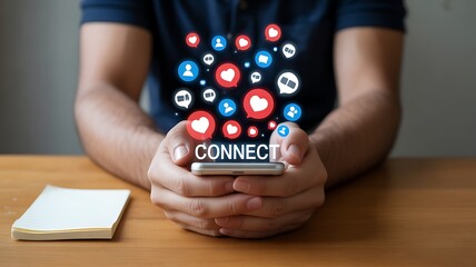 Man holding a smartphone with social media icons and the word connect hands mobile phone