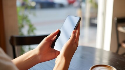Person holding a smartphone with a reflection of a cafe and coffee cup mobile phone hands