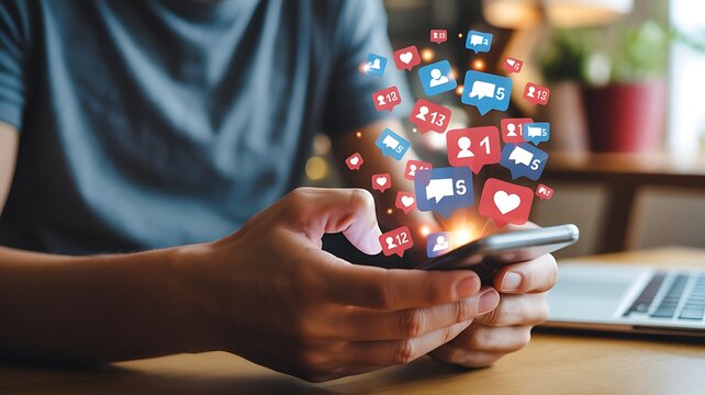 Person using a smartphone with social media notifications and likes hands mobile phone