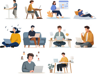 Naklejka premium Remote work and work from home flat character illustration set