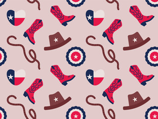 Seamless pattern with cowboy boots, hat, rope, Texas flag in heart shape, repeating background.