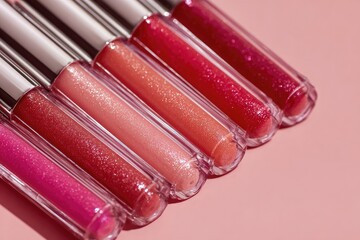 A row of eight clear lip gloss tubes, showcasing a gradient of pink and red hues with varying degrees of shimmer, rest on a soft pink background