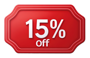 "15% off" sign, 15 percent Discount special offer illustration, red label with 15% off on white background. retail promotions, discount events and social media marketing, png