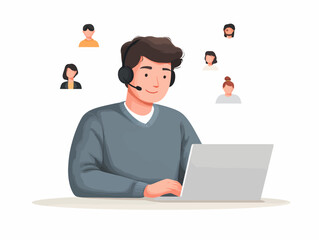 Vector flat illustration of a man participating in an online meeting with multiple video call participants isolated on white