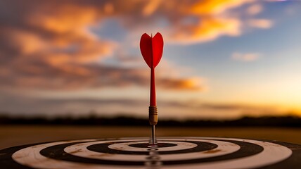 Red dart in bullseye of dartboard at sunset with colorful clouds target hitting
