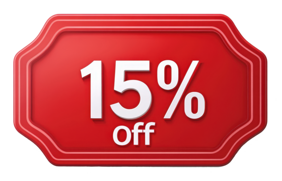 "15% off" sign, 15 percent Discount special offer illustration, red label with 15% off on white background. retail promotions, discount events and social media marketing, png