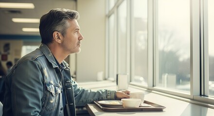Man with gray hair sitting by the window with breakfast looking out with sunlight coming in during daytime  breakfast, tray, food, sunlight, looking, waiting, sitting, table, gray, hair, denim, jacket