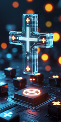 Futuristic Medical Cross Hologram Over Digital Interface  3D Isometric Cyber Healthcare Concept