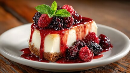 A mouthwatering cheesecake beautifully topped with a mix of fresh raspberries and blackberries, drizzled with a luscious berry sauce, embodying culinary excellence and indulgence.
