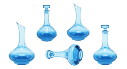 Crystal blue glass decanters varying positions filled with water isolated on white showcasing water clarity