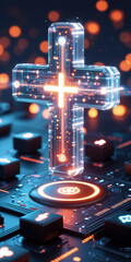 Futuristic Medical Cross Hologram Over Digital Interface  3D Isometric Cyber Healthcare Concept