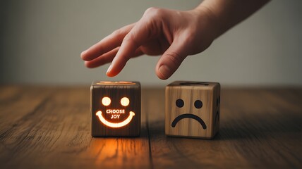 Hand Reaches for Wooden Cube with Glowing Happy Face and Text Choose Joy choice happiness