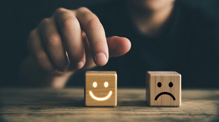 Hand Selects Wooden Cube with Glowing Happy Face Over Sad Face emotion feeling
