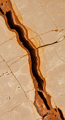 Deep fissure in beige marble with intricate brown veining and rough edges