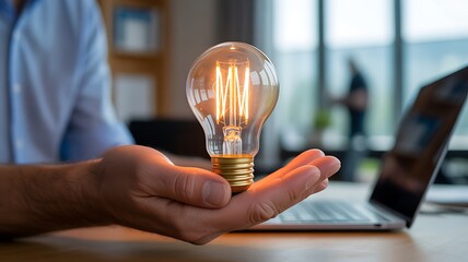Businessman holding glowing incandescent light bulb over laptop in office hand