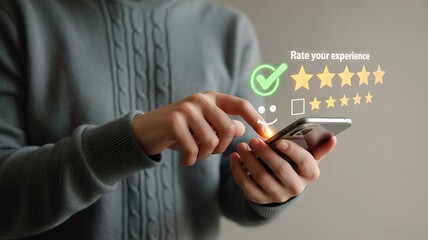Close-up of person's hands rating experience on smartphone with stars and checkmark mobile phone