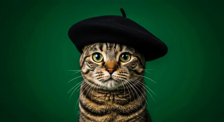 Tabby Cat with Beret on Green Background
