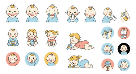 Obraz premium Collection of cute baby illustrations featuring diverse expressions and activities for newborn and infant themed designs