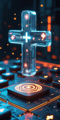 Futuristic Medical Cross Hologram Over Digital Interface  3D Isometric Cyber Healthcare Concept