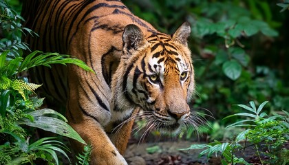 majestic tiger stalking through lush green jungle environment