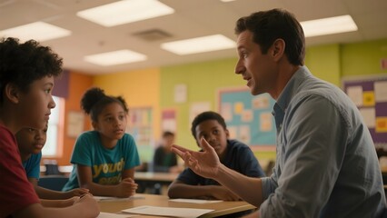 Teacher engaging in a discussion with students in a colorful classroom setting.