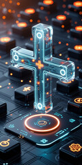 Futuristic Medical Cross Hologram Over Digital Interface  3D Isometric Cyber Healthcare Concept