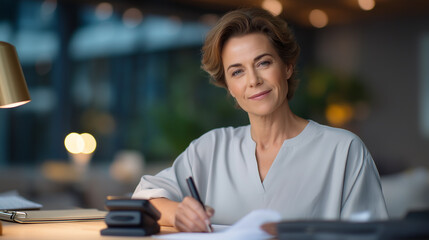 An Accountant Stamping an Invoice in a Warm Office Setting