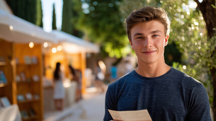 A young man examining handmade crafts at a vibrant fair