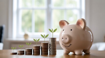 Piggy bank with growing money stacks and plants symbolizing financial growth savings coins