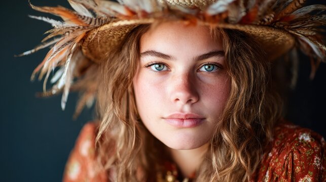 A stunning portrait of a radiant young woman wearing a feathered hat, showcasing her natural beauty and captivating gaze, embodying a bohemian style and artistic flair.