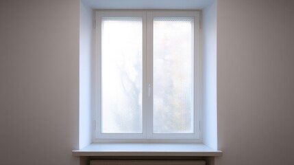 Fototapeta premium A window with frosted glass panes and a white frame set in a plain wall, no curtains or blinds visible,