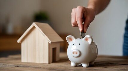 Person putting coin into piggy bank next to wooden house on table saving money