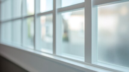 Fototapeta premium A window with frosted glass panes framed in white trim, slightly blurred yet detailed enough for clear identification.