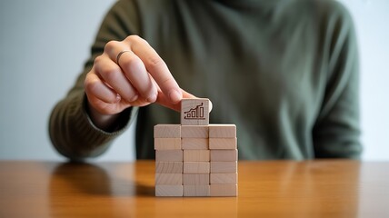 Person stacking wooden blocks with a growth chart symbol on top business finance