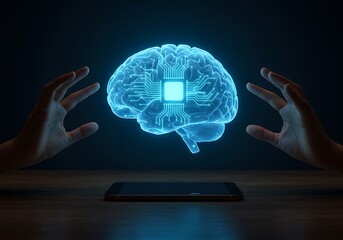 Human Brain Connected to Technology, Futuristic Concept. Generative Ai