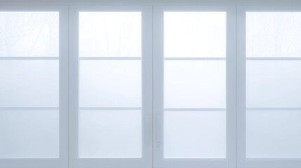 Modern white-framed cabinets with frosted glass panes, organized storage, sleek design, obscured contents,