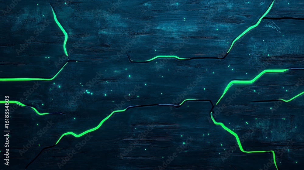 Poster a captivating dark surface with vibrant green glowing cracks and subtle specks of light creating a m