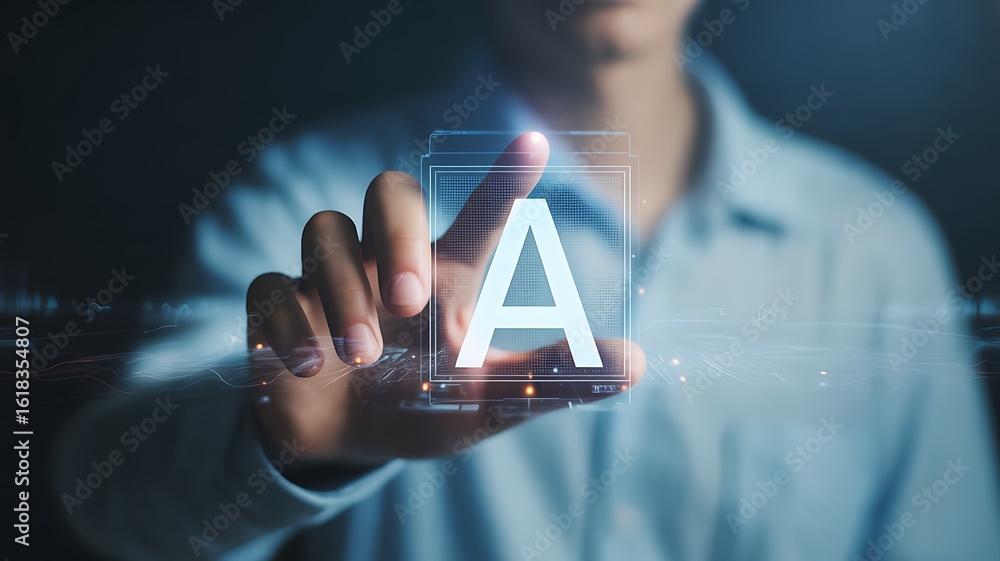 Aufkleber person touching a glowing letter a on a digital interface with data streams artificial intelligence