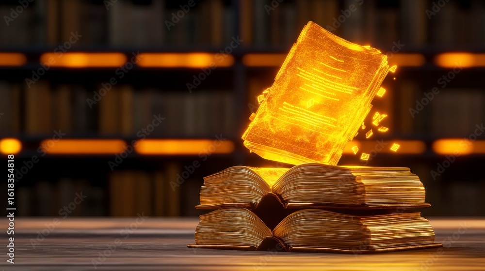 Poster an ethereal glowing book levitating above a stack of ancient tomes in a library setting, symbolizing