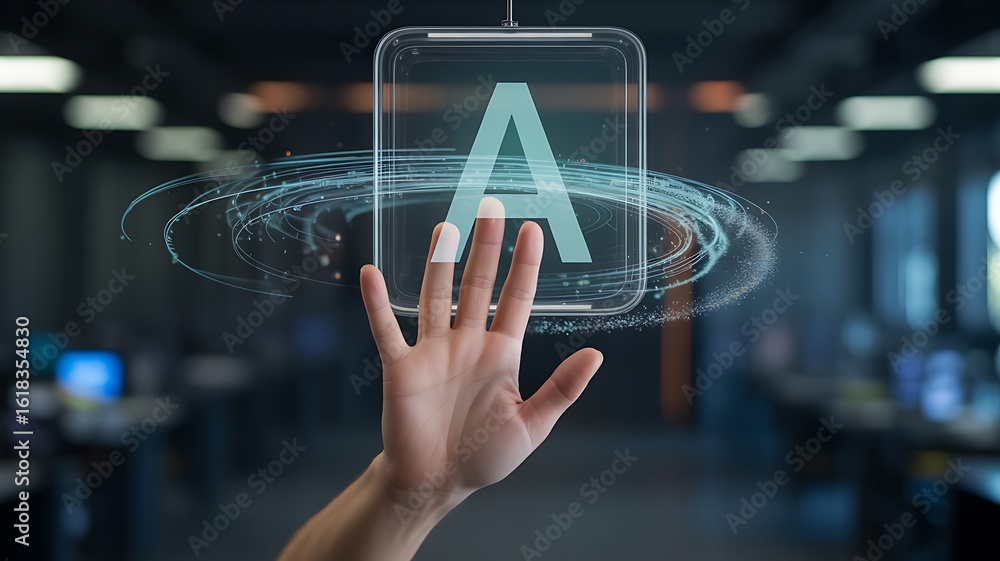 Aufkleber hand reaching for glowing ai interface with orbiting digital particles artificial intelligence