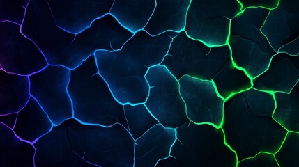 Vibrant neon abstract crack pattern lighting up a dark background with distinct blue and green lines