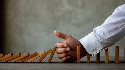 Businessman stopping falling dominoes to prevent a chain reaction image photo