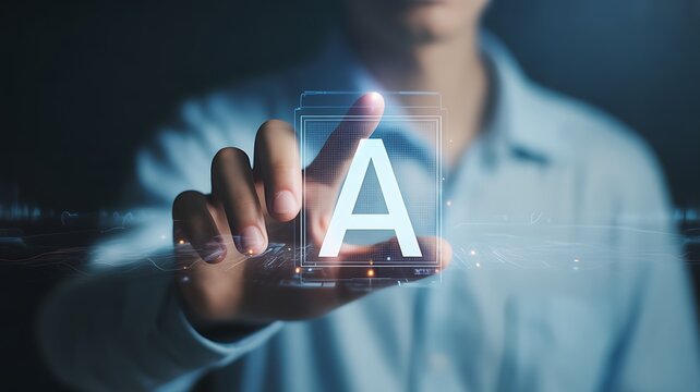 Person touching a glowing letter A on a digital interface with data streams artificial intelligence - Powered by Adobe