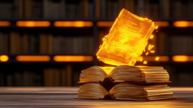 An ethereal glowing book levitating above a stack of ancient tomes in a library setting, symbolizing knowledge and magic.