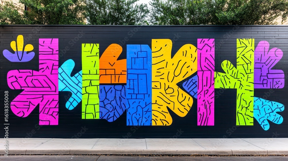 Poster vibrant and colorful abstract mural featuring bold patterns and shapes on a black background in an u