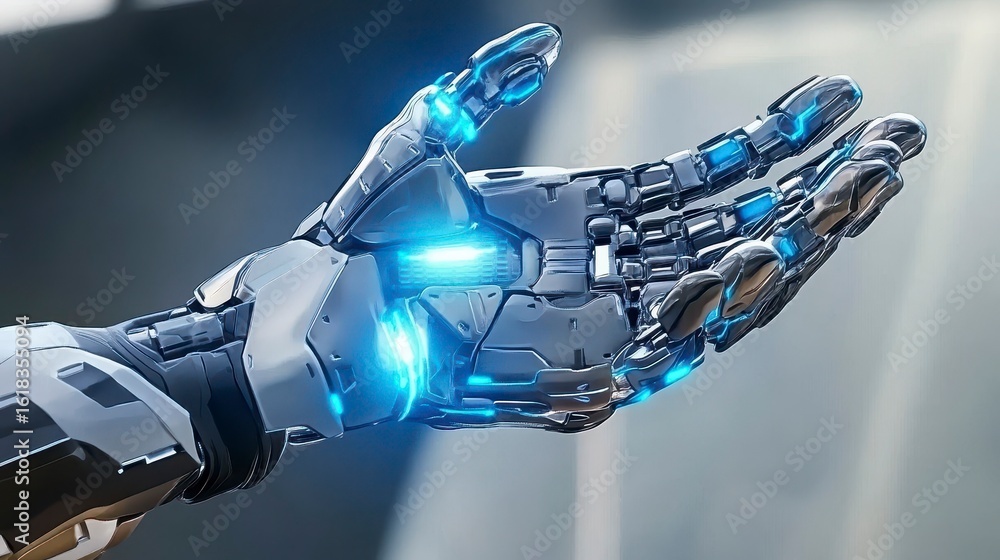 Poster futuristic robotic hand showcasing advanced technology and glowing elements in a sleek design agains