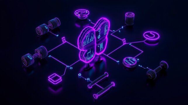 A futuristic neon representation of a fitness brain showcasing interconnected elements of gym equipment and analytics